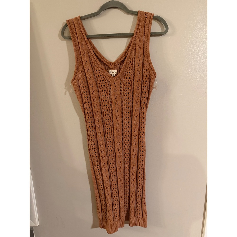 POL Crochet Knit Mini Dress Terracotta Rust V-Neck Pointelle Boho Sleeveless S